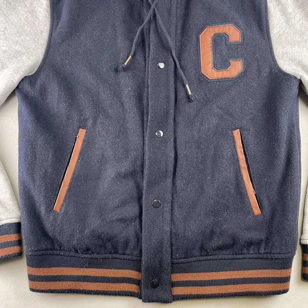 Champion Jacket Men M Navy Gray Hooded Varsity Letterman College Wool Blend Snap